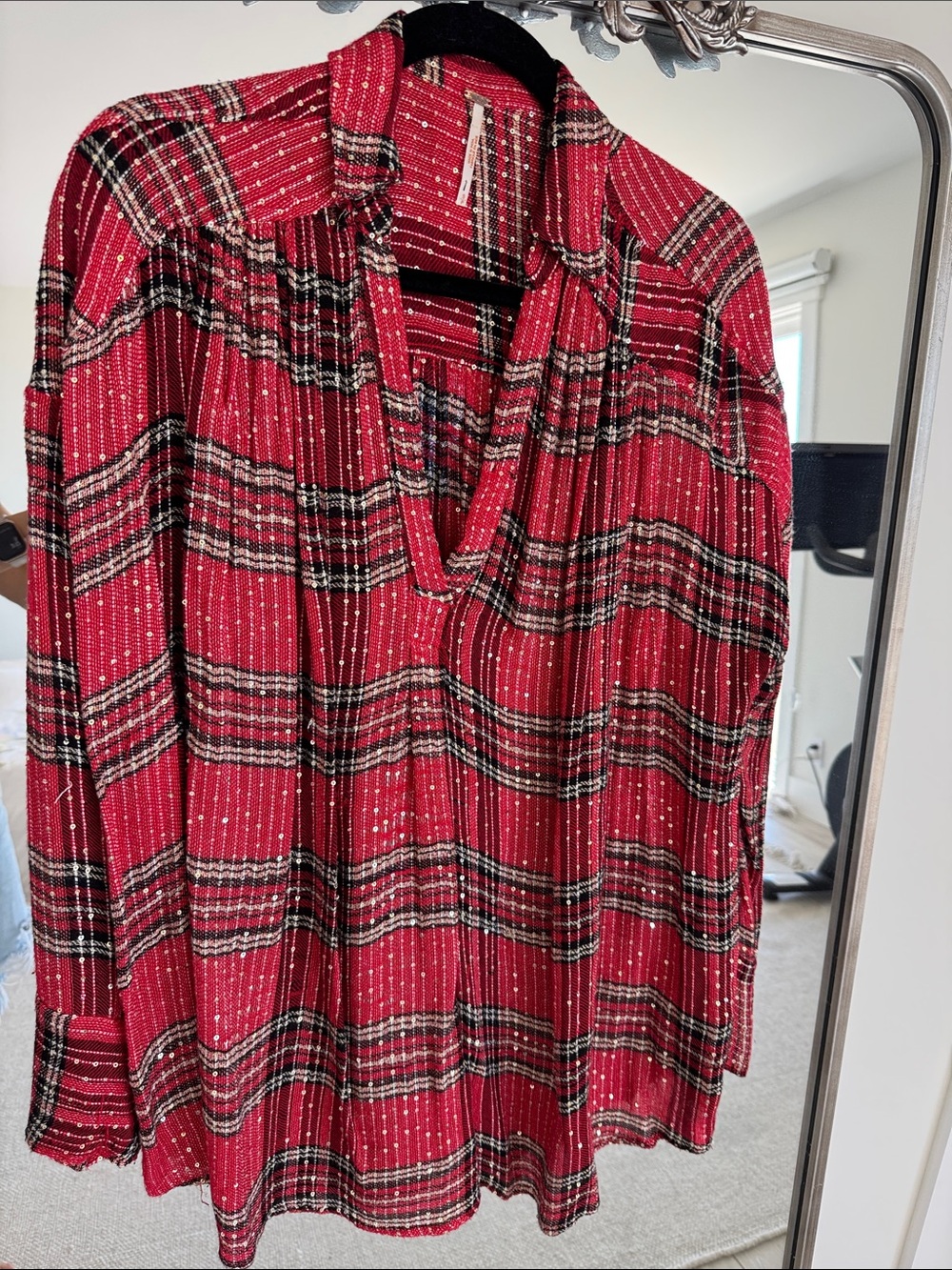 Free People Red Plaid Metallic Thread Peasant Blouse